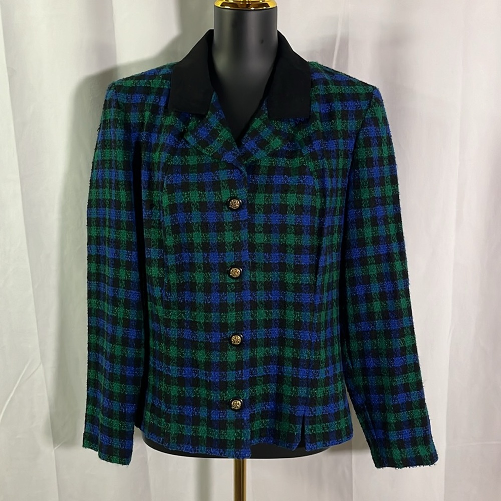 Vintage Miss Dorby Blue & Green Plaid Nubby Button Front Blazer Jacket